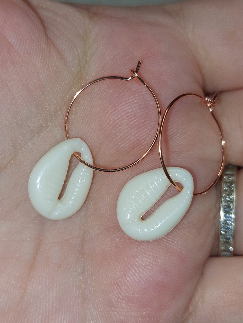 Handmade Rose Gold Tone Hoop Earrings with White Shell Charm